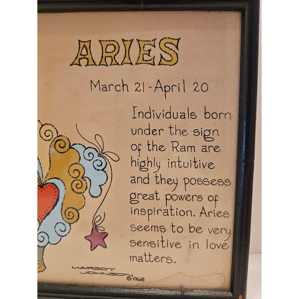 Vintage 1968 Aries Zodiac Art Margot Johnson Soovia Janis Ram Astrology 16x8